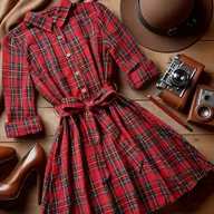 Sukienki - TEMU Elegancka sukienka damska w stylu francuskim w kratę - długa spódnica w kształcie litery A z paskiem, czerwono-tartanowy wzór, całoroczne stroje - miniaturka - grafika 1