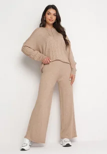Beżowy Dzianinowy Komplet Bluza z Kapturem w Warkoczowy Splot i Spodnie z Szerokimi Nogawkami Narahai - Komplety damskie - miniaturka - grafika 1