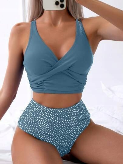 Shein Strój Dwuczęściowy w Groszki Niebieski L Ł9g