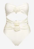 Stroje kąpielowe - Biały Jednoczęściowy Strój Kąpielowy z Wycięciami i Aplikacjami w Formie Kwiatów Vegelia - miniaturka - grafika 1
