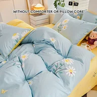 Inne - Zestaw 3-częściowy na Pościel: Poszewka na Kołdrę 1 szt. + Poszewki na Poduszki 2 szt. W Stylu Wiejskim, Niebieskie Małe Stokrotki i Motyle, Żółta - miniaturka - grafika 1