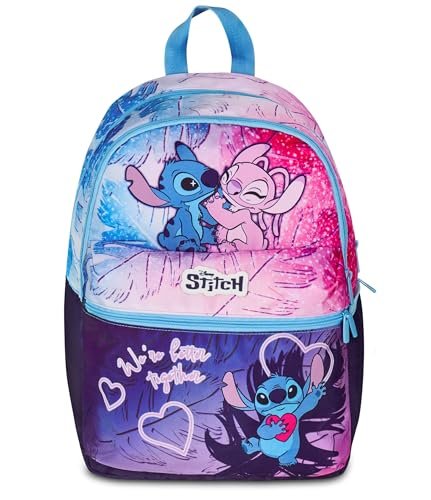 Seven Plecak Lilo & Stitch z podwójną komorą, niebieski, przednia kieszeń na suwak i kieszeń na butelkę dla dziewcząt, do szkoły podstawowej, Niebieska, Taglia unica, Casual