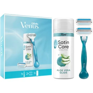 Gillette Venus zestaw maszynka do golenia Venus Smooth 1 sztuka + wymienna głowica 1 sztuka + żel do golenia Satin Care Sensitive Aloe Vera 75 ml W - Maszynki do golenia i wkłady - miniaturka - grafika 1