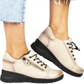 Półbuty damskie - DAMSKIE PÓŁBUTY SKÓRZANE NA KOTURNIE VINCEZA ZAPINANE NA ZAMEK I SZNUROWANIE 39964 BEŻOWE - miniaturka - grafika 1