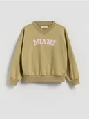 Bluzy dla dziewczynek - Reserved - Bluza z wypukłym napisem - oliwkowy - miniaturka - grafika 1