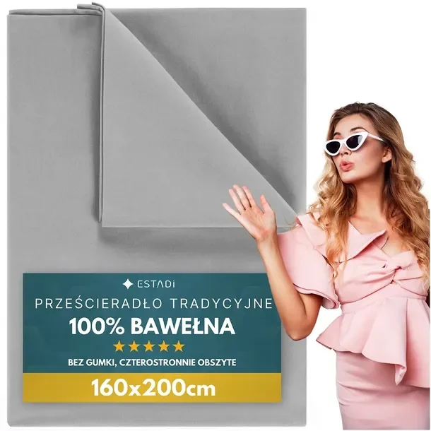 Prześcieradło bez Gumki Tradycyjne 160x200 cm Bawełniane Szary Srebrny