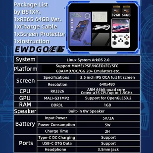 Ręczna Konsola do Gier R36S, Ekran IPS 3,5 cali, System Linux, Emulator 11, 64GB - Biała - Konsole i gry retro - miniaturka - grafika 7