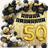 Balony i akcesoria - ZESTAW BALONY 50 URODZINY ZŁOTE CZARNE BIAŁE BANER ŚCIANKA PIĘĆDZIESIĄTKA - miniaturka - grafika 1