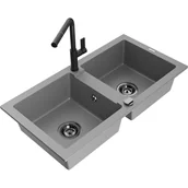 Zlewozmywaki z baterią - Mexen Mario zlewozmywak granitowy 2-komorowy z baterią kuchenną Flora, szary - miniaturka - grafika 1