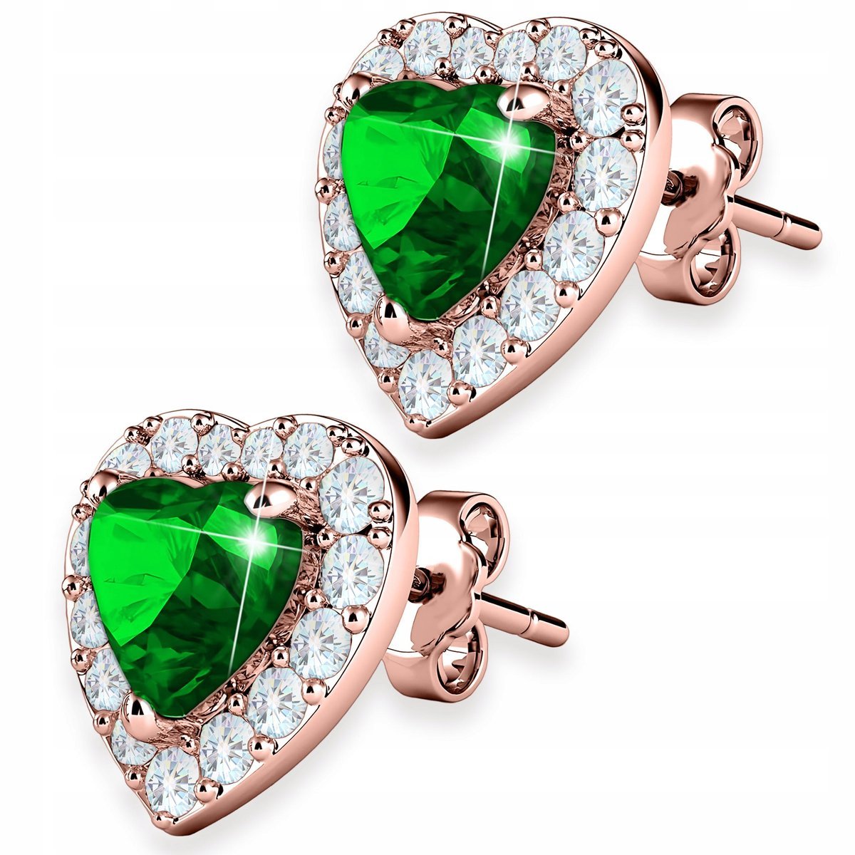 Kolczyki Pozłacane Love Zielone Kryształowe Serca z Kryształkami SREBRO 925