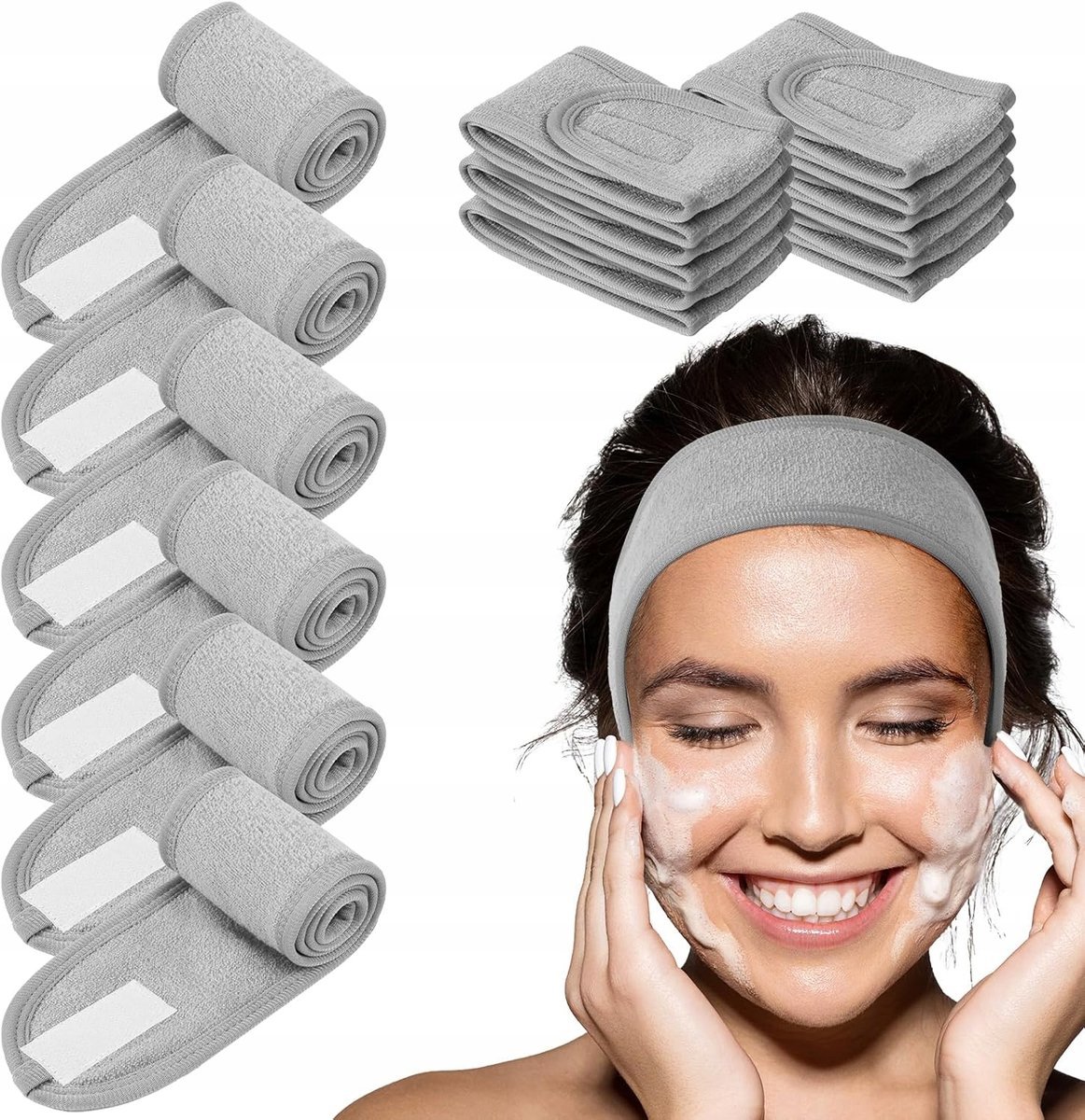 OPASKA NA GŁOWĘ DO MYCIA TWARZY MAKIJAŻU SPA POD PRYSZNIC SZARA ZESTAW x6