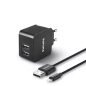 Ładowarki do telefonów - Ładowarka sieciowa 3A 15,5W Philips + Kabel iPhone 3100mA 2XUSB Dual Quick Charge Phil-DLP2307V/12 Czarny - miniaturka - grafika 1