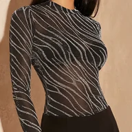 Bluzki damskie - TEMU Damska Modowa Koszulka z Siatki w Złotym i Srebrnym Kolorze, Codzienny Strój, Sezonowy Styl Elegancki Chic Dzianina Wysokiej Jakości Oddychający - miniaturka - grafika 1