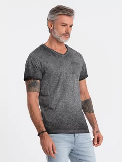 Koszulki męskie - T-shirt męski z kieszonką - grafitowy melanż  V6 S1388 - grafika 1