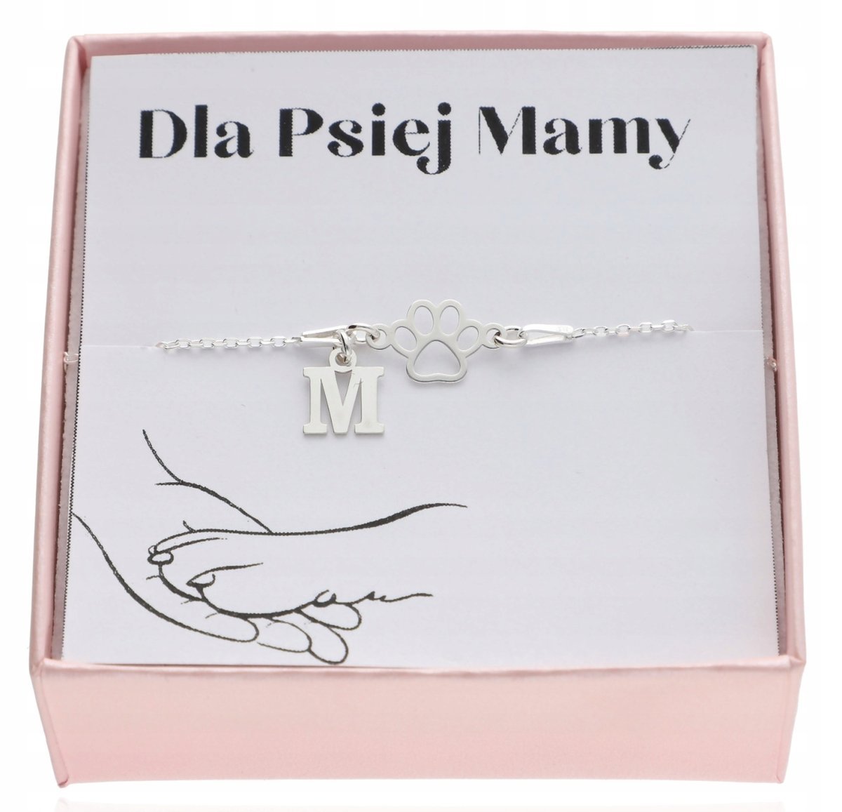 Srebrna bransoletka z łapka psa łapa DOWOLNA LITERKA PUDEŁKO 925