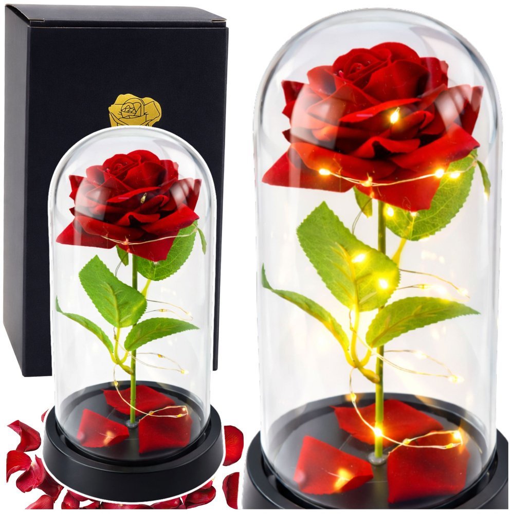 LEAN Wieczna Róża W Szklanej Kopule Oświetlenie LED Czerwona 21,5 x 11 cm