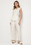 Komplety damskie - Jasnobeżowy Komplet Bluzka Bez Rękawów z Regulacją w Talii i Szerokie Spodnie Dovalinae - miniaturka - grafika 1