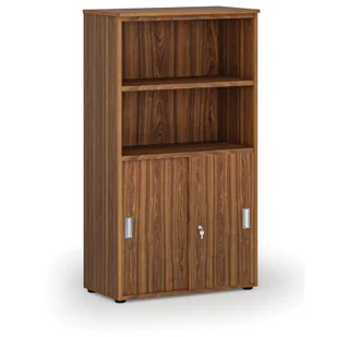 Szafa biurowa kombinowana PRIMO WOOD, drzwi przesuwne na 2 poziomach, 1434 x 800 x 420 mm, orzech - Szafy biurowe - miniaturka - grafika 1