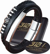 Bransolety męskie - SKÓRZANA BRANSOLETA BRANSOLETKA MĘSKA PRAWDZIWA STAL CHIRURGICZNA + SKÓRA - miniaturka - grafika 1