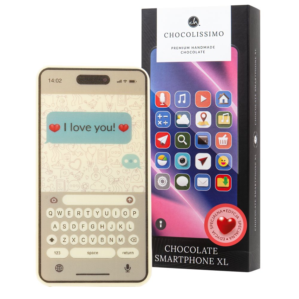 Smartphone z białej belgijskiej czekolady z jadalnym nadrukiem miłosnej wiadomości I Love You Idealny prezent 70 g
