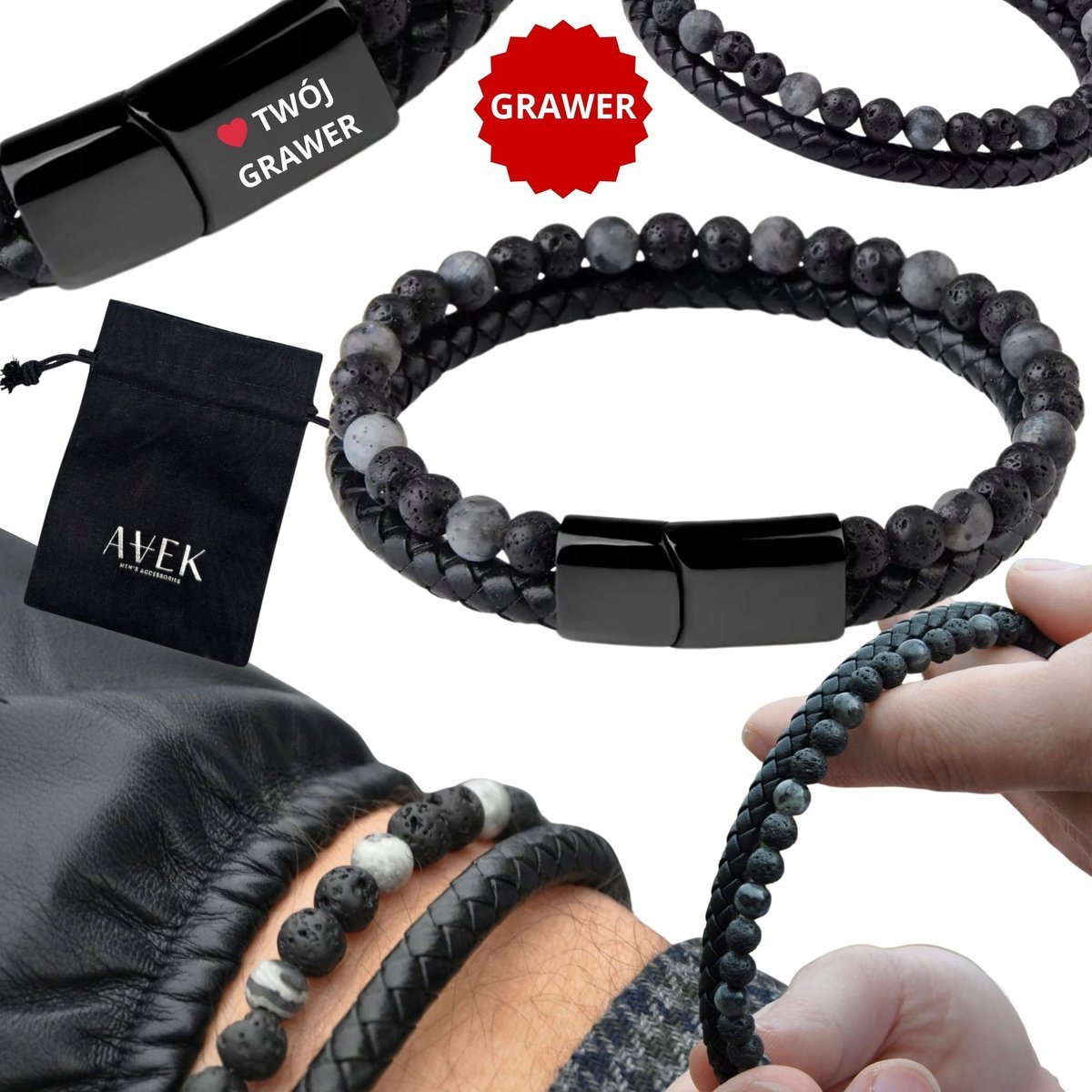 BRANSOLETKA MĘSKA SKÓRZANA CZARNA ZE SKÓRY Z GRAWEREM GRAWER PREZENT 19 CM / AVEK