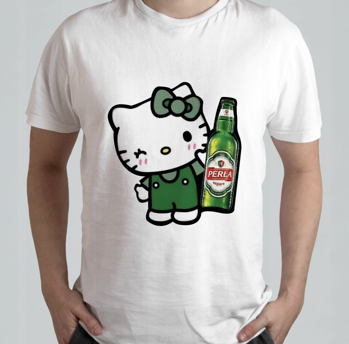 Koszulka T-shirt Męski Z Nadrukiem Hello Kitty Perła Piwo r. L