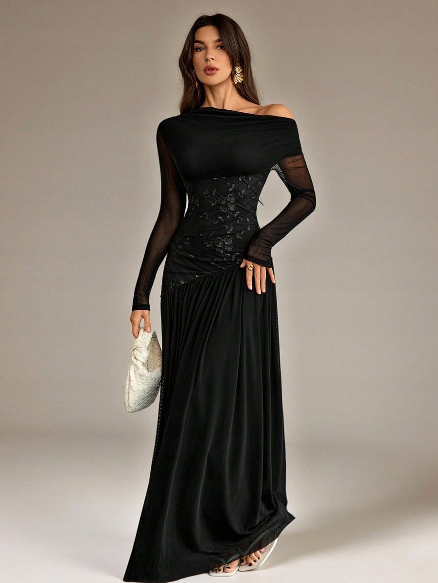 SHEIN TALL CZARNA ELEGANCKA SUKIENKA MAXI Z HAFTEM I DŁUGIM RĘKAWEM L 1MA