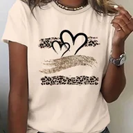 Bluzki damskie - TEMU Koszulka Damska z Wzorem Lamparta i Sercem - 100% Poliester, Lekka 230gsm, Krótki Rękaw z Złotymi Akcentami Brokatu, Luźny Fason na Wiosnę & , - miniaturka - grafika 1