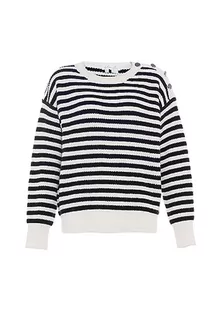 Blonda Damski sweter w paski z okrągłym dekoltem i wstawkami akryl Wełnowo-biały, granatowy, rozmiar XL/XXL, Wełniana biel morska, XL - Swetry damskie - miniaturka - grafika 1