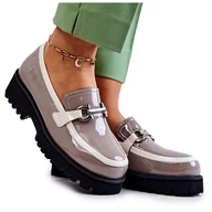 Półbuty damskie - S.Barski Lakierowane Damskie Półbuty Loafery Beżowo-Białe Cassida beżowy - miniaturka - grafika 1