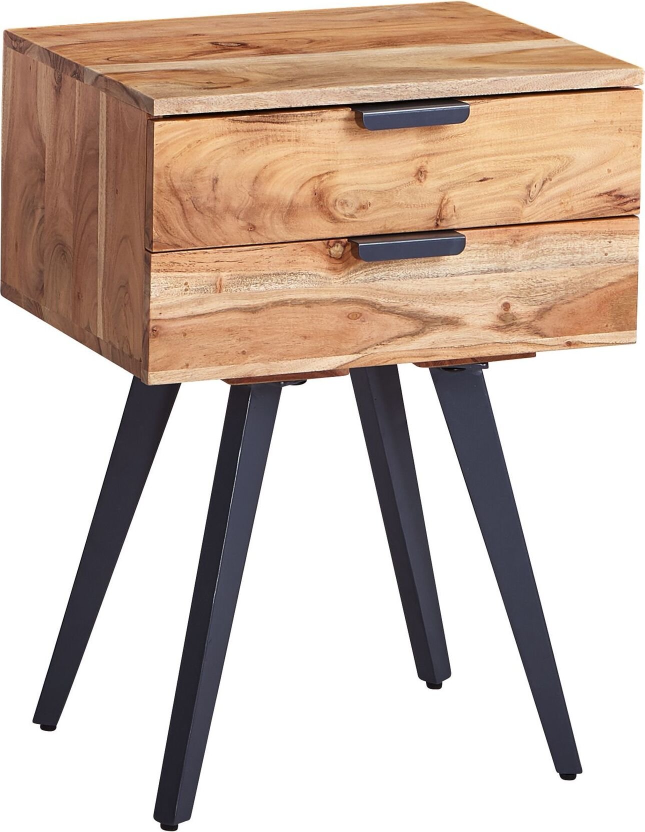 WOHNLING konsola nocna 47 x 65 x 35 cm stolik nocny z litego drewna akacjowego, szafka nocna z 2 szufladami, szafka nocna nowoczesna z metalowymi nogami, komoda nocna z szufladami z litego drewna