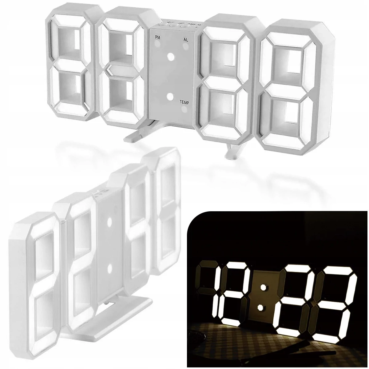 Zegar elektroniczny LED 3D z budzikiem uniwersalny biały 22cm