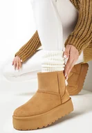 Śniegowce damskie - Brązowe Śniegowce na Platformie z Przeszyciami i Futerkiem Vento - miniaturka - grafika 1