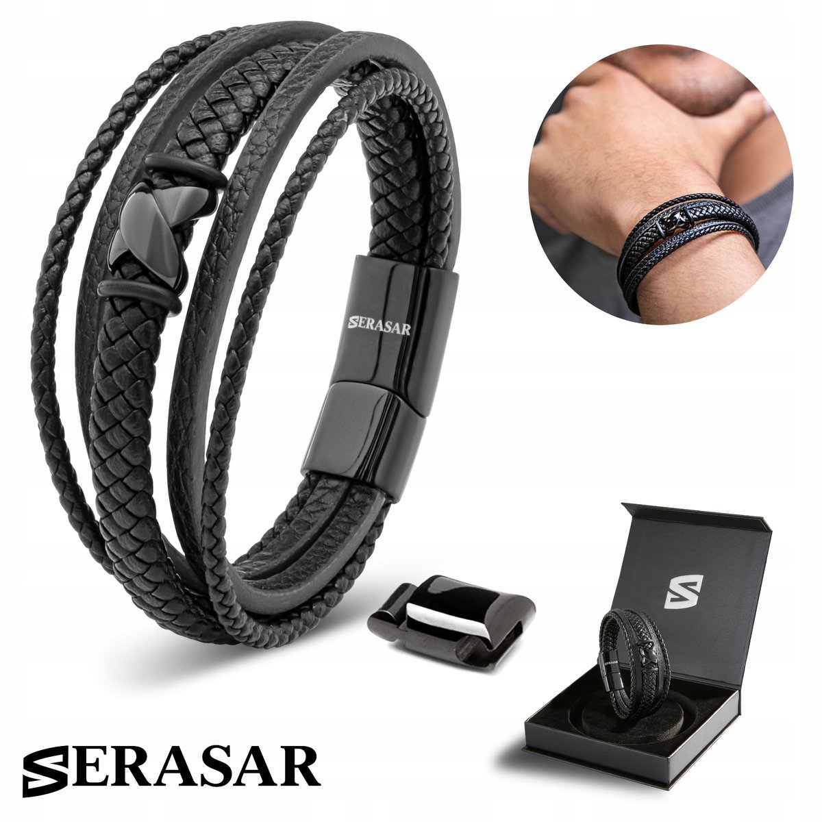 SERASAR, męska skórzana bransoletka „Flake”, czarna, 23 cm, ze stalowym zapięciem magnetycznym, w zestawie pudełko prezentowe