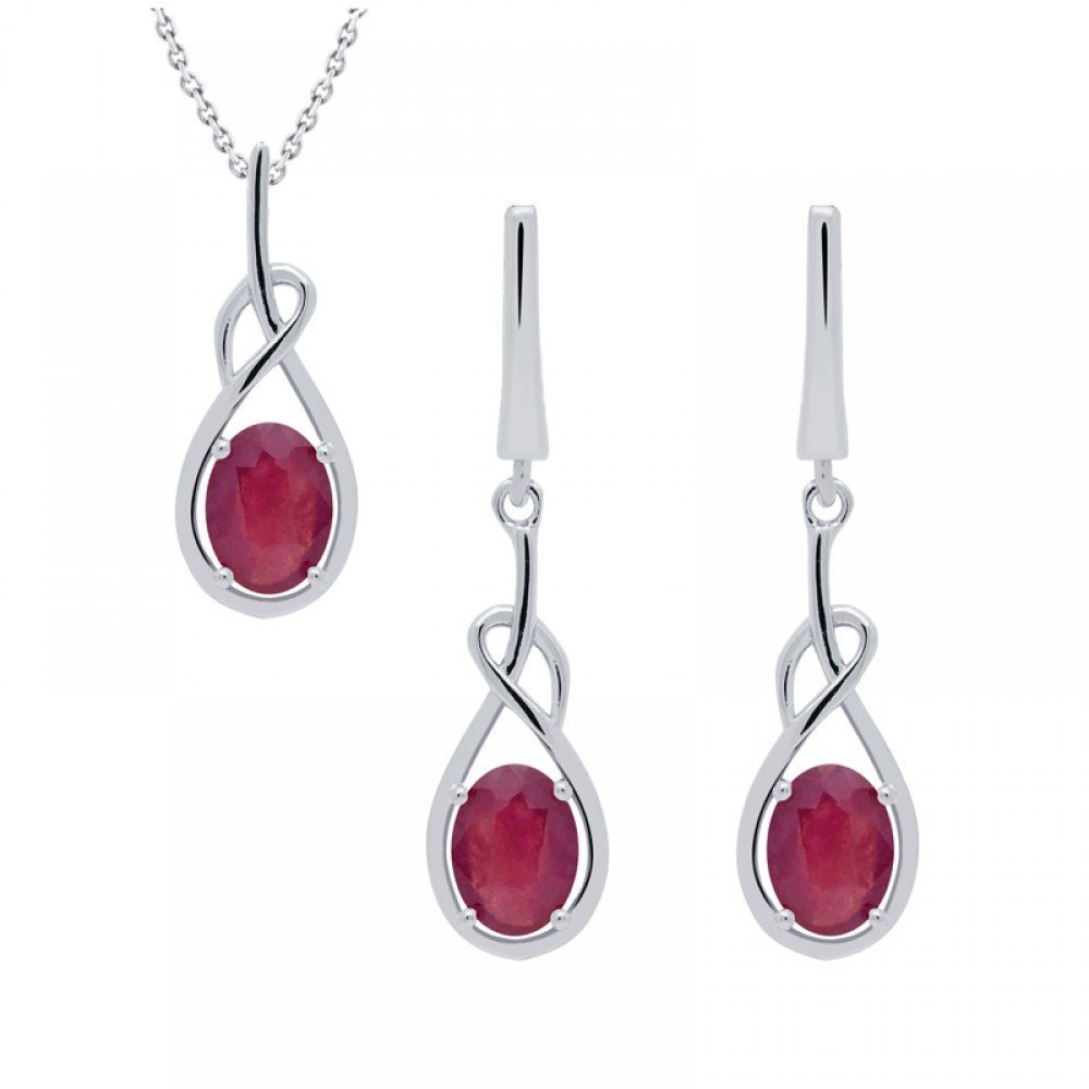 Komplet z rubinami srebrny - kolczyki z zawieszką