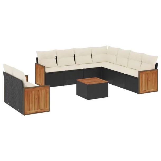 Zestaw wypoczynkowy rattan PE czarny 9szt. 62x62x69 cm, kremowe poduszki