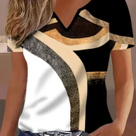 Bluzki damskie - TEMU Koszulka Damska z Dekoltem w Serek - Krótki Rękaw, 3D Geometryczny Wzór ze Złotymi Akcentami Brokatu, Czarno-Biały , Oddychająca Bluzka Letnia, - miniaturka - grafika 1