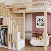 Łóżka dla dzieci i młodzieży - Łóżko na antresoli 90x200 cm - z drabinką zabezpieczającą + szafą - rama z litego drewna - kolor naturalny (materac nie jest wliczony w cenę) - miniaturka - grafika 1