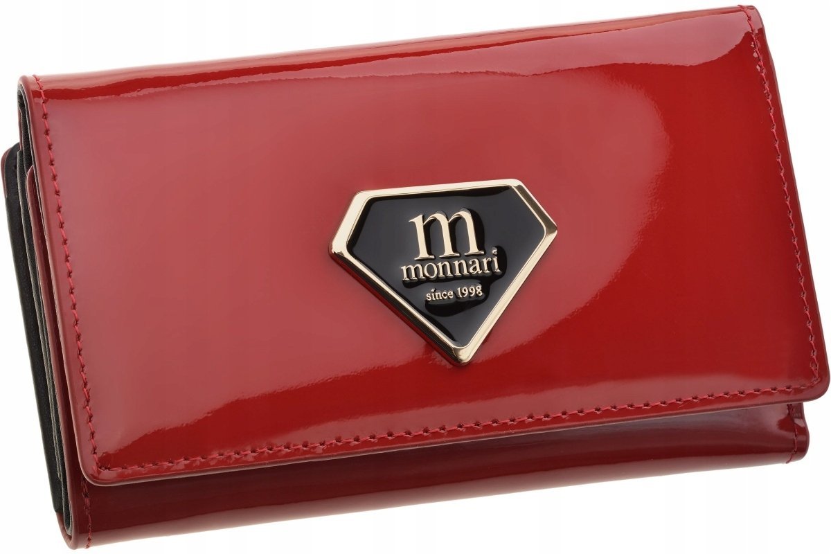 Czerwony Portfel Damski Monnari Lakierowany Dużo Przegródek Skóra Suwak
