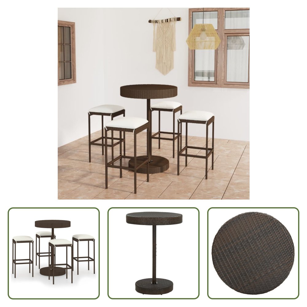 The Living Store 5-częściowy ogrodowy zestaw barowy z poduszkami z polirattanu brązowy