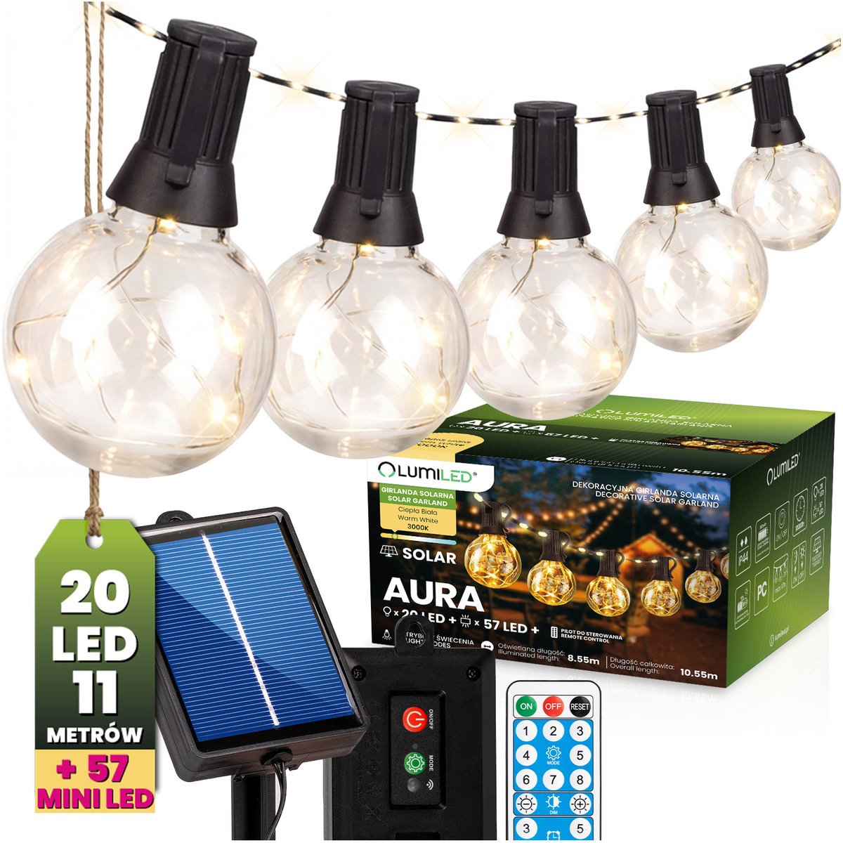 Lumiled Girlanda Solarna Ogrodowa 20x LED Ozdobne Żarówki 10,55m 3000K Ciepła + Pilot AURA