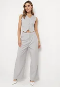 Komplety damskie - Szary Komplet Garniturowy w Cienkie Paski Kamizelka i Szerokie Spodnie Alveria - miniaturka - grafika 1