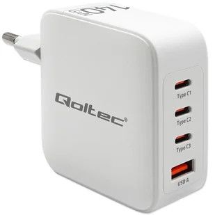 Qoltec Ładowarka sieciowa 140W GaN | 5-20V | 2.5-5A | 3 x USB-C PD | 1 x USB QC 3.0 | Biała - Ładowarki do telefonów - miniaturka - grafika 1