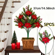 Sztuczne kwiaty - TEMU 5-szt. Sztuczne Kwiaty Świąteczne – Dekoracyjny Bukiet z Fałszywymi Czerwonymi Jagodami, Szyszkami i Igiełkami Sosnowymi do Wazonu, Choinki, - miniaturka - grafika 1