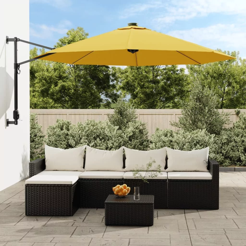 vidaXL Ścienny parasol ogrodowy z LED, żółty, 290 cm