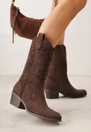 Botki damskie - Brązowe Botki Kowbojki na Słupku z Ażurową Cholewką Ravsemi - miniaturka - grafika 1