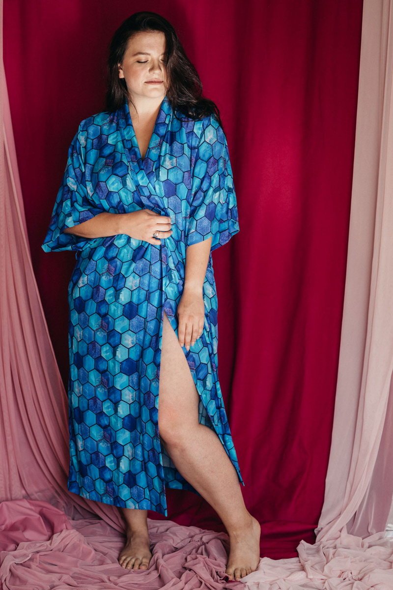 KIMONO długie / SUKIENKA kopertowa/ NARZUTKA/ szlafrok, autorski print turkusowy ORIENT (100% wiskoza)