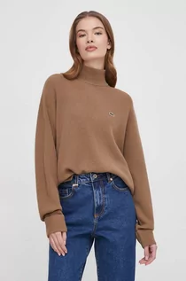 Swetry damskie - Lacoste sweter wełniany damski kolor brązowy z półgolfem - grafika 1