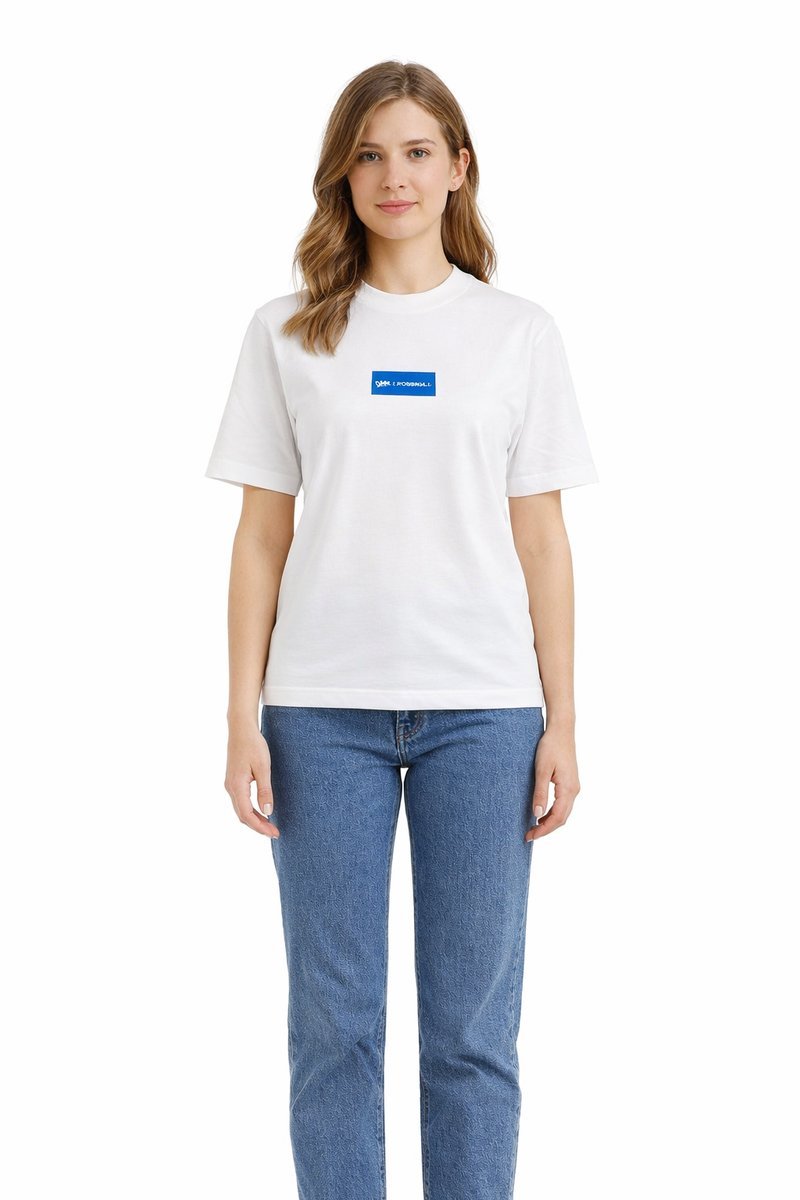 KARL LAGERFELD BIAŁY T-SHIRT Z NIEBIESKIM LOGO BAWEŁNIANY XS I4A