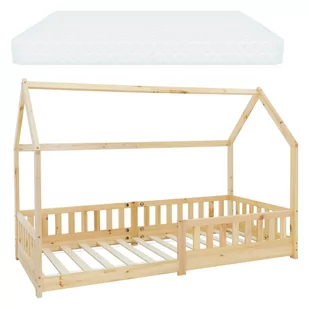 Łóżko dziecięce z ramą z listew chroniących przed upadkiem i dachem z materacem 90x200 cm naturalne drewno sosnowe ML-Design - Łóżka - miniaturka - grafika 1